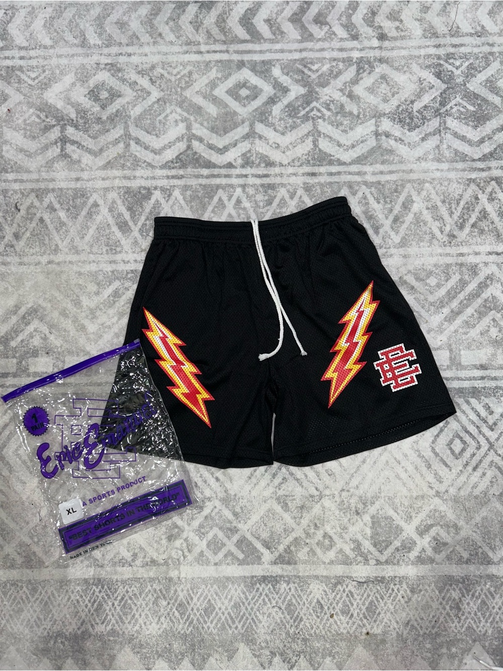 Black Athletic Mesh Shorts with Red & Yellow Lightning Accents